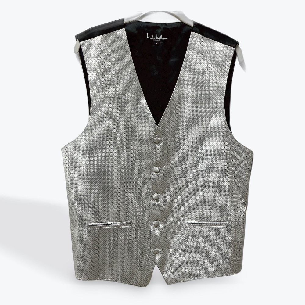 Nicole Miller Mens Silver Silk Basketweave Formal Vest Black Back Size M